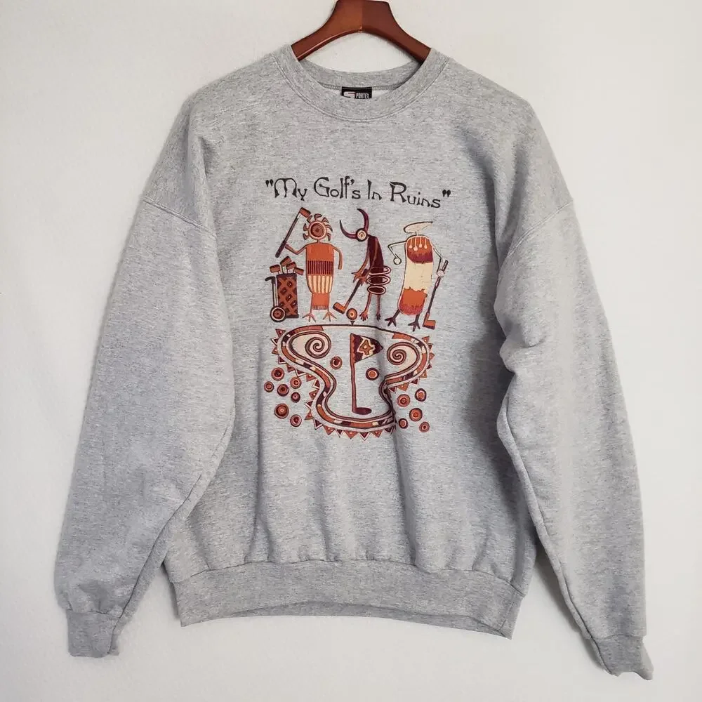 VTG Hieroglyphic Sweatshirt Mens‎ XL Gray Sportex Southwest Tribal Funny